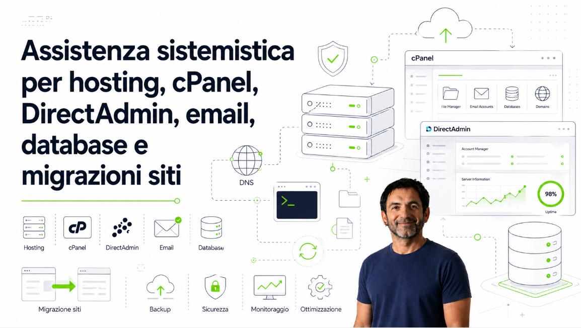 Assistenza sistemistica per hosting, cPanel, DirectAdmin, email, database e migrazioni siti
