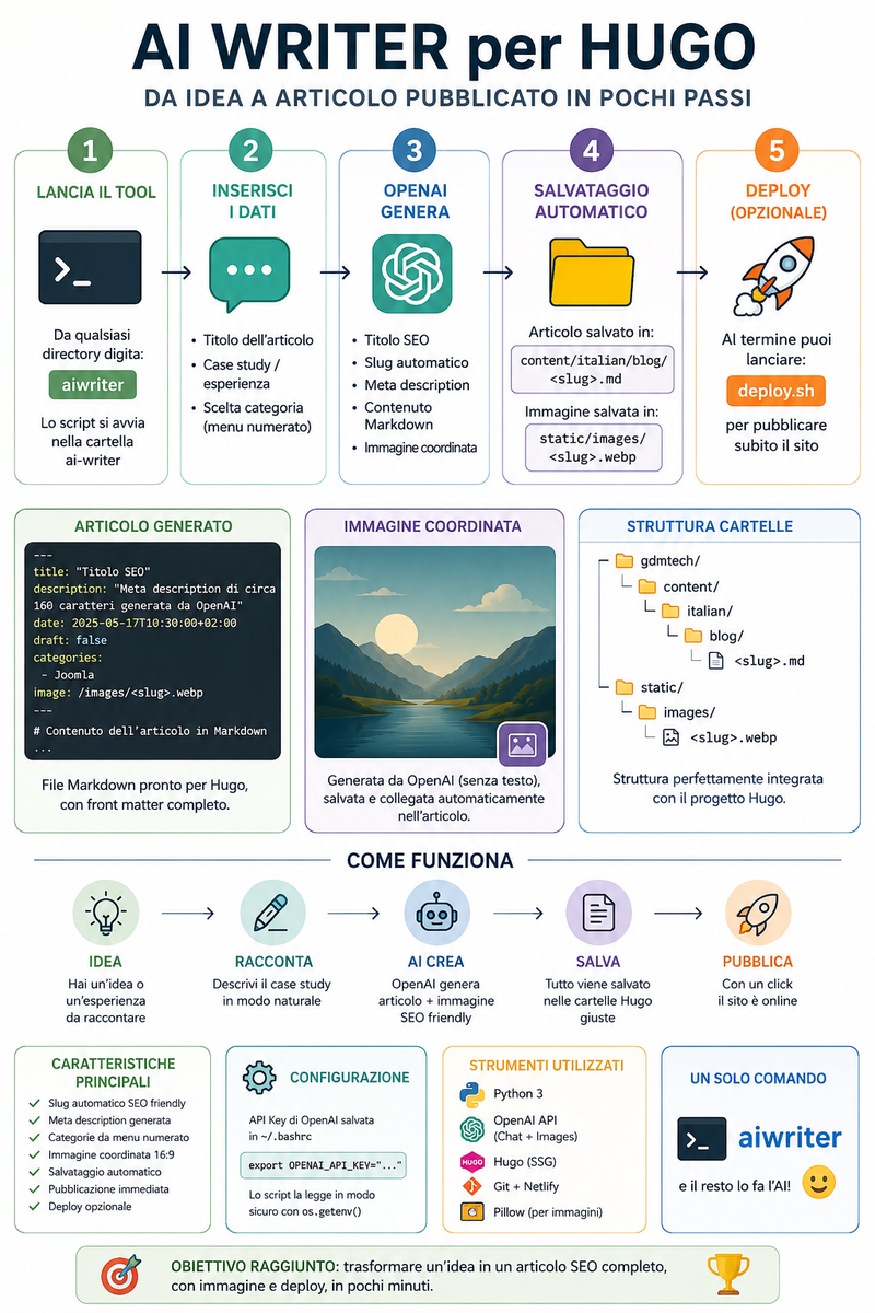Schema per la Creazione Automatica di Contenuti con HUGO e Intelligenza Artificiale