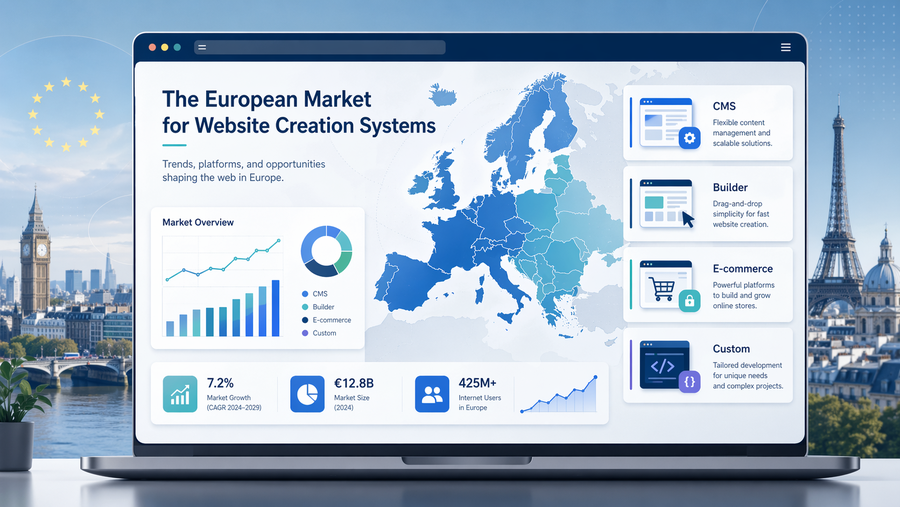 Mercato europeo dei siti web 2026: dati reali su cms, builder, e sviluppo custom